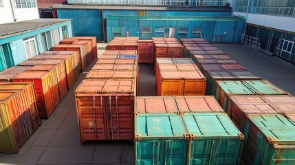 Fototapeta premium Organized container stacks at the port top view Efficient storage management futuristic tone Split-complementary color scheme