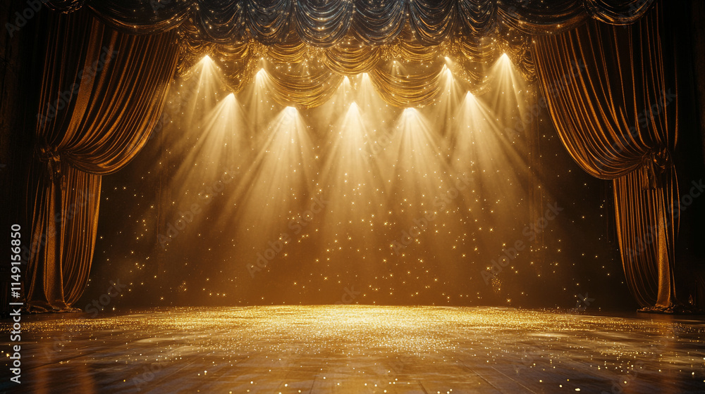 Poster stage illuminated by warm lights with sparkling effects for a performance.