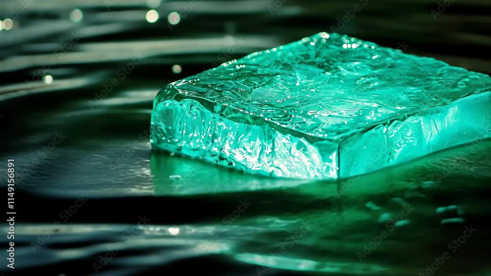 Poster unique turquoise block of ice floating on water with gentle ripples reflecting light in a serene env