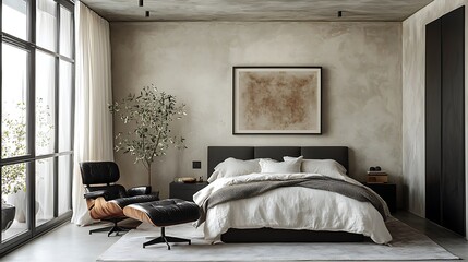 Light gray Venetian plaster on the walls a contemporary bedroom, paired with sleek black furniture