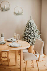 Christmas decorations lights. Modern New Year's decor. Christmas trees with garlands and gifts.