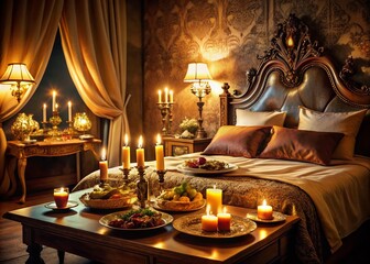 Luxurious Bedroom Candlelight Dinner Romantic Food Photography - Elegant Bed Setting