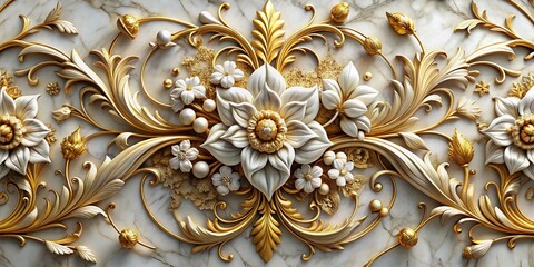 Luxurious Baroque 3D Floral Marble Design with Golden Accents - Stock Photo