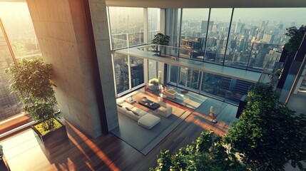 Tall luxury apartment building with floor-to-ceiling windows, rooftop garden, elegant architectural elements, photorealistic 3D render 
