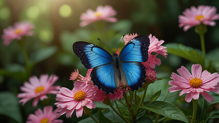 Blue butterfly with open wings perched on a blooming pink flower, set against a lush green forest background, captured in soft natural light with shallow depth.

