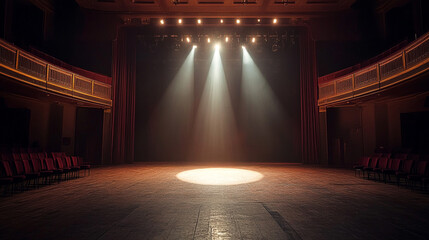 Empty theater stage with focused spotlight in an elegant performance hall. 