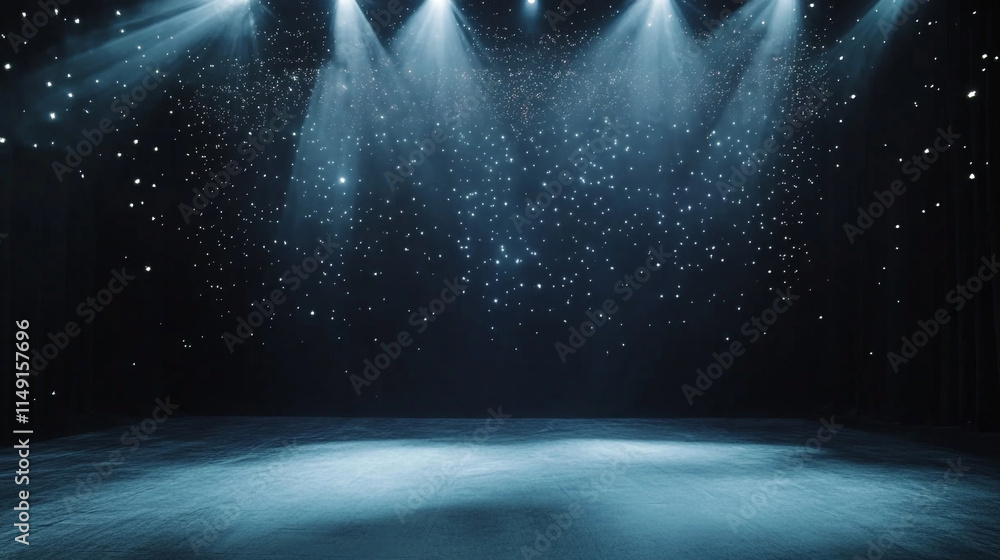 Poster bright stage lights illuminate an empty performance space with starry effects.