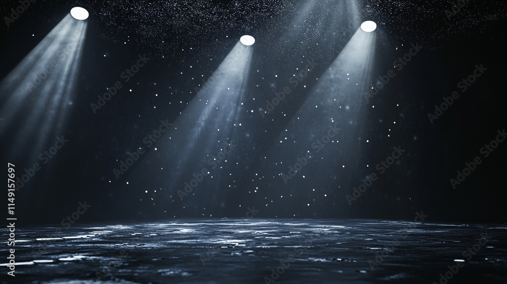 Poster bright beams of light focus on a dark stage with shimmering particles.