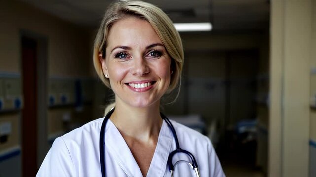 Smiling Nurse Standing in a Hospital Room. Video. Horizontal.
