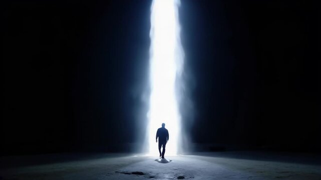 Silhouette of a Person Walking Towards Bright Light in Darkness. Video. Horizontal.