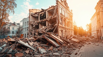 Fototapeta premium A devastated building stands in ruins, with debris scattered on the ground, illuminated by the warm hues of a setting sun.