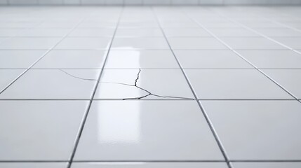 A cracked tile floor with a clean, bright appearance, showcasing the damage on a white surface.