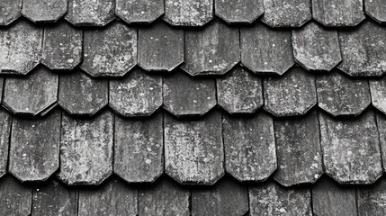 Weathered wooden shingle roof texture.