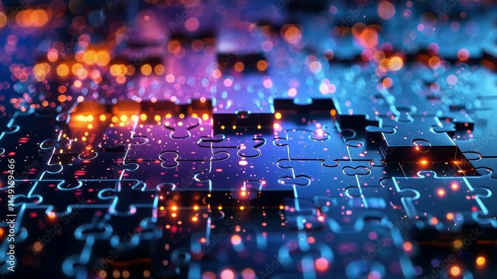 Poster puzzle pieces are connecting with glowing futuristic lights, representing the complex network of inf