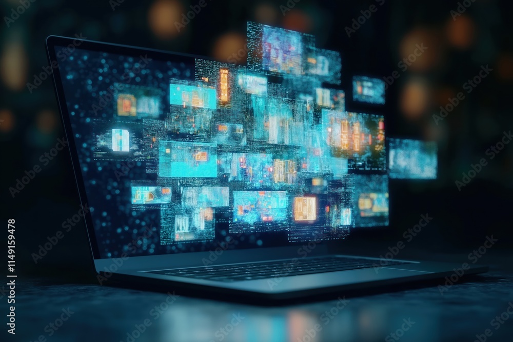 Poster laptop displays vibrant digital display with multiple screens. vivid imagery emerges from laptop scr