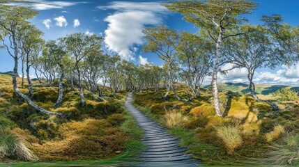 Wooden boardwalk path through birch forest.
