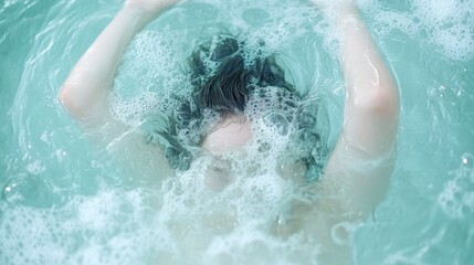 Child submerged in bubbly water, arms outstretched.