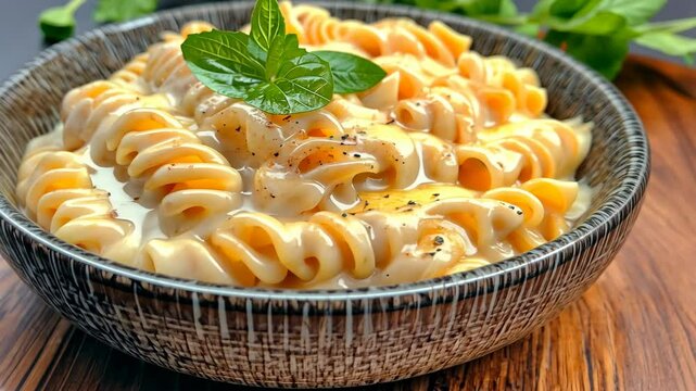 Creamy and indulgent dish made with cooked pasta noodles coated in a rich, cheese sauce typically made with cheddar cheese, milk, butter, and seasonings like salt and pepper.