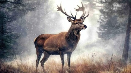 Naklejka premium Majestic stag standing in a serene misty forest landscape