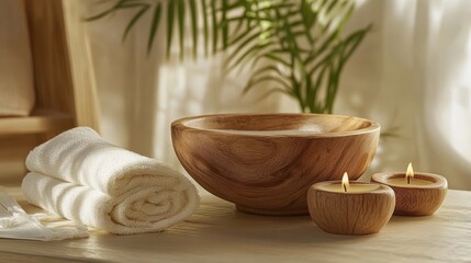 Fototapeta premium A serene spa setting with a wooden bowl, candles, and rolled towels for relaxation.