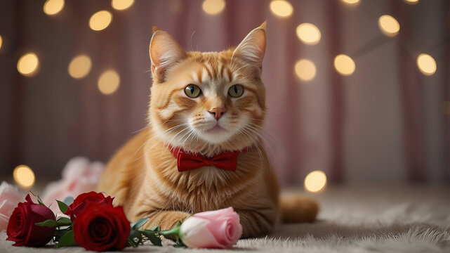 Adorable cat with a red bowtie, sitting beside elegant red roses, with soft bokeh lights in the background, creating a romantic Valentine’s vibe.