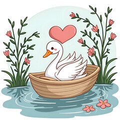 Obraz premium Charming duck in a boat surrounded by flowers and love symbol, digital illustration of cute animals concept.