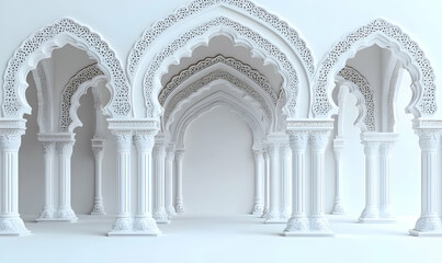 Obraz premium Intricate white arches with detailed carvings in a spacious, minimalist interior.