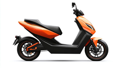 Obraz premium Orange and black electric scooter side view, isolated on white background. ecology friendly battery technology vehicle for drive or ride transport, urban e-scooter bike, gadget, travel, energy.