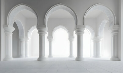 A serene, minimalist space featuring elegant arches and columns in a bright, open environment.