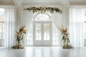 Wedding backdrop aesthetic indoor natural light window minimalist floral plant decoration background