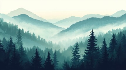 Misty Mountain Landscape with Dense Evergreen Forests at Sunrise