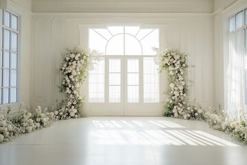 Fototapeta premium Wedding backdrop aesthetic indoor natural light window minimalist floral plant decoration background