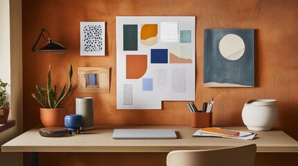 A stylish workspace featuring art, plants, and organized desk items.