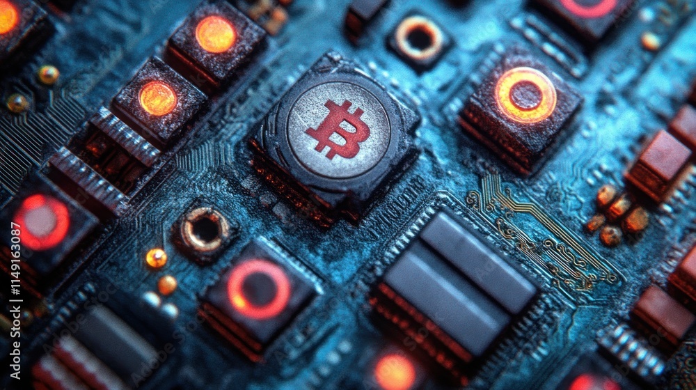 Poster close-up of a circuit board with a bitcoin symbol at its center, illuminated by glowing red componen