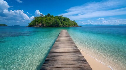 Fototapeta premium A small island with a sandy beach and a wooden pier stretching into the crystal-clear water.