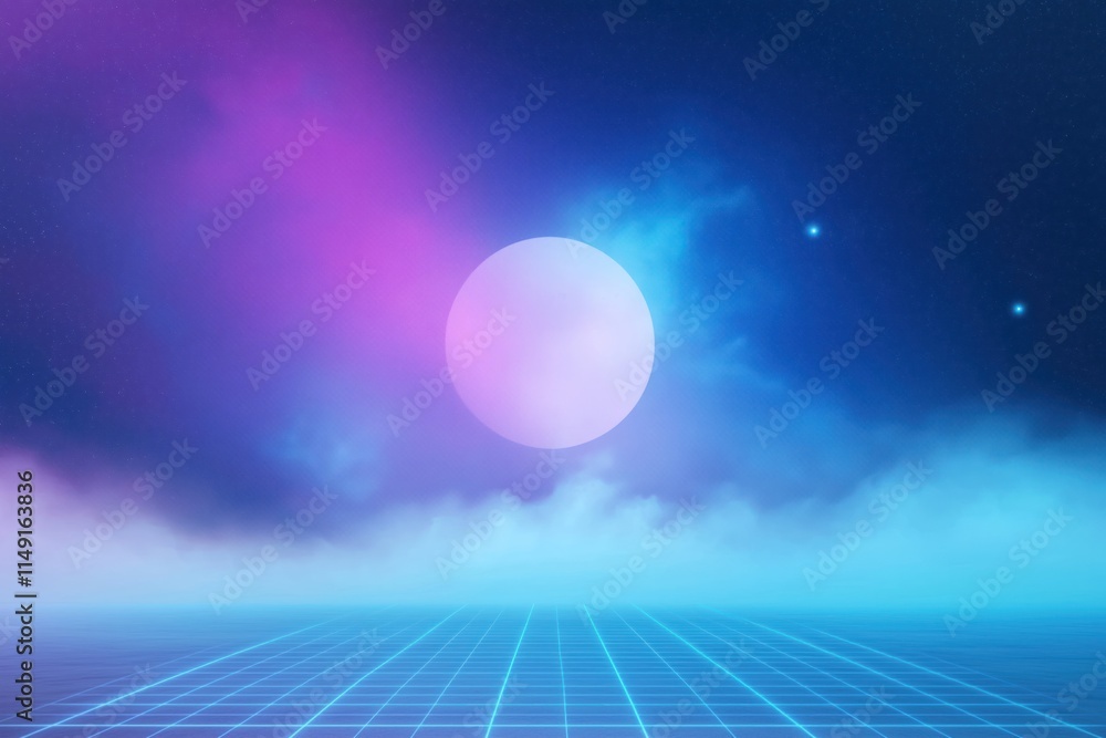 Poster vaporwave synthwave cyber background. retrowave design with glowing lines. laser grid pattern. purpl