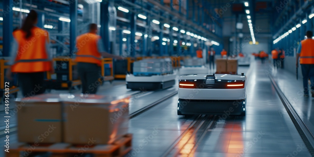 Poster Automated warehouse with workers and delivery robots.