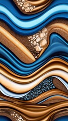 Abstract flowing waves of blue, gold, and textured details