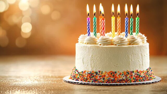 A mouth watering birthday cake topped with colorful candles sits beautifully on a soft orange background, creating an inviting and festive atmosphere