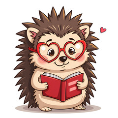 Fototapeta premium Adorable hedgehog with heart glasses enjoying a book in a whimsical style, digital art of character design concept.
