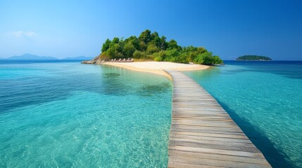 A small island with a sandy beach and a wooden pier stretching into the crystal-clear water.