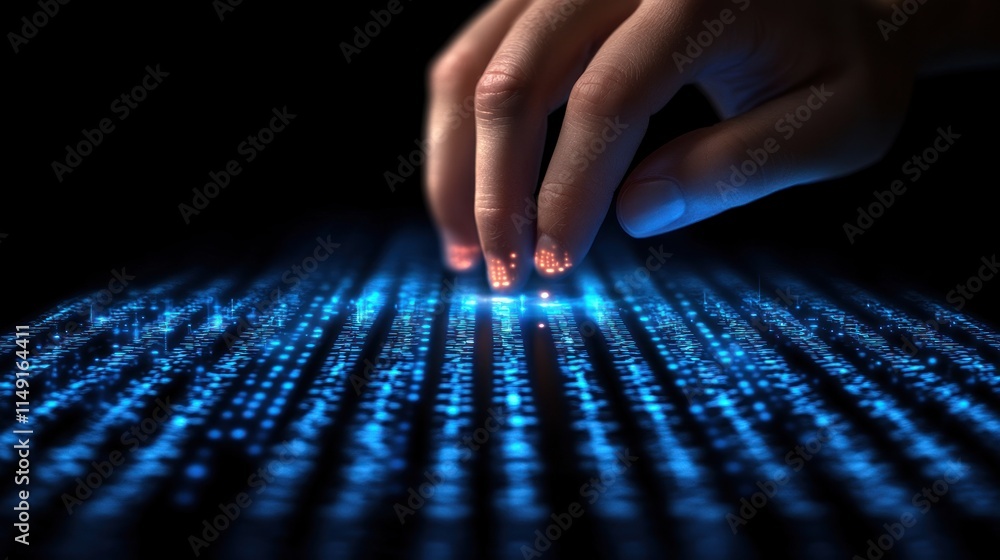 Poster close-up of a hand interacting with a glowing digital interface, showcasing data streams and futuris