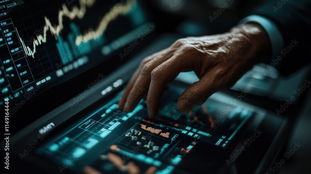Poster close-up of a hand interacting with a touchscreen displaying financial data and graphs.