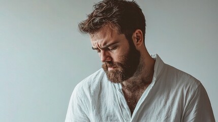 Fototapeta premium Sad Portrait of a Bearded Man in a Casual White Shirt
