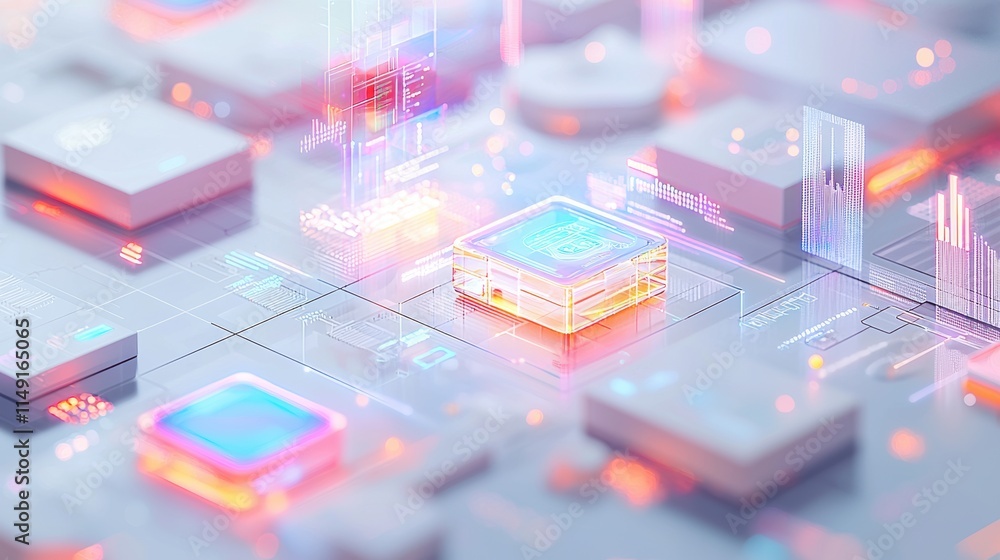Poster a computer chip is shown in a colorful, abstract style. generative ai