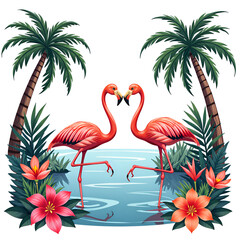 A serene encounter between flamingos surrounded by lush tropical foliage and vibrant flowers, digital illustration of tropical scene concept.