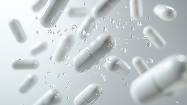A bunch of white pills floating in the air. Generative AI