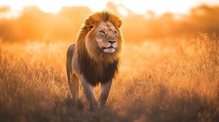 Majestic Lion in Golden Sunset Savannah. Wildlife Safari.