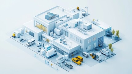 Fototapeta premium A white and blue building with a lot of cars and trucks parked in front of it. Generative AI