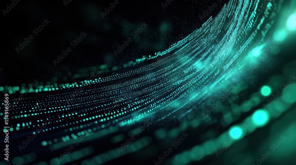 Poster abstract digital data flow visualized as turquoise lines, dots on dark background. dynamic pattern s